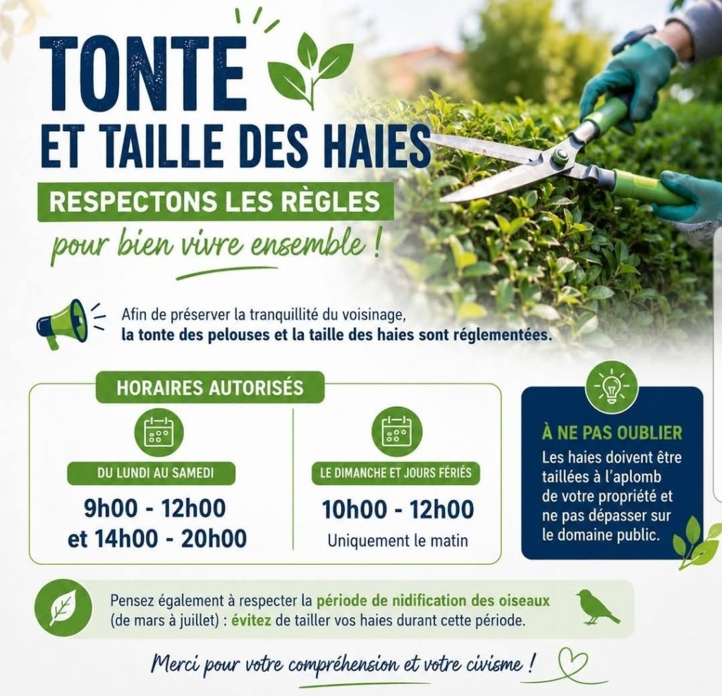 Horaires autorisés : 
Du lundi au samedi : 9h00-12h00 et 14h-20h00
Le dimanche et jours fériés : 10h00-12h00 uniquement le matin